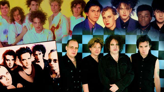 The Cure through the years (clockwise from top left): the 1987 lineup of Lol Tolhurst, Porl Thompson, Simon Gallup, Robert Smith, Boris Williams, and Roger O’Donnell (Photo: Ross Marino/Getty Images);  Phil Thornalley, Porl Thompson, Robert Smith, Andy Anderson, and Lol Tolhurst (Photo: Fin Costello/Redferns); circa 2006 with Porl Thompson, Jason Cooper, Robert Smith, and Simon Gallup (Photo: Jo Hale/Getty Images); Band portrait circa 1992. (Photo: Niels van Iperen/Getty Images)
