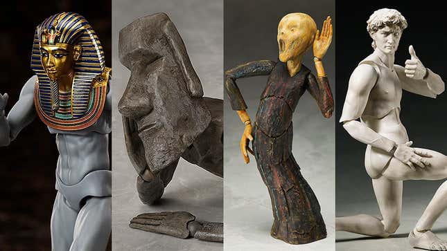 Good Smile Company's Figma The Table figures of Tutankhamun, a Moai Head Statue, Munch's The Scream, and Michaelangelo's David.
