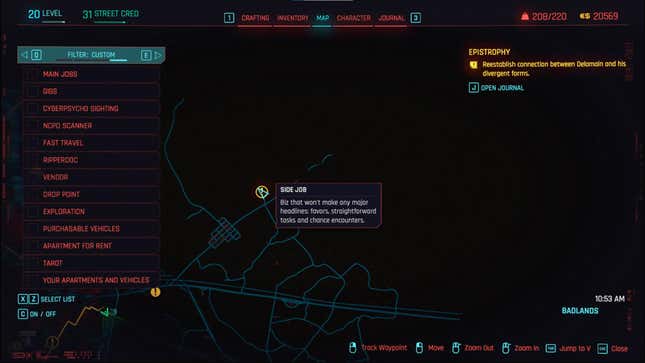 A location on a map shows a Side Job in Cyberpunk 2077.