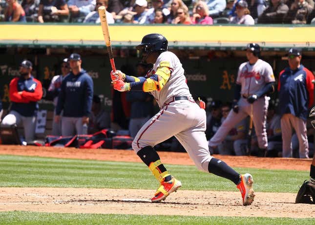 May 31, 2023; Oakland, California, USA; Atlanta Braves right fielder Ronald Acuna Jr. (13) hits an RBI-single during the seventh inning against the Oakland Athletics at Oakland-Alameda County Coliseum.