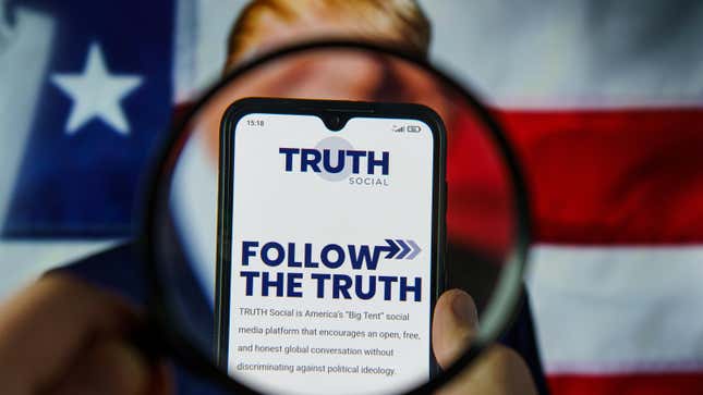 Stock photo of Truth Social homepage on phone and Donald Trump
