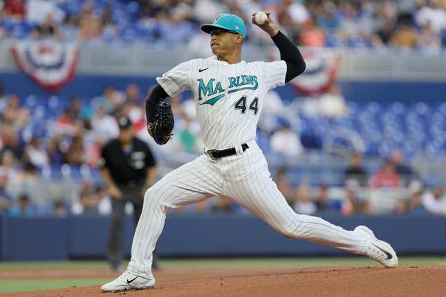 Mar 31, 2023; Miami, Florida, USA; Miami Marlins starting pitcher Jesus Luzardo (44) delivers a pitch during the first inning against the New York Mets at loanDepot Park.