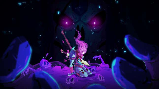 Promotional image from Dead Cells showing the game's protagonist with swords in their back, kneeling on purple ground as a skull with glowing purple eyes looks on from the sky.