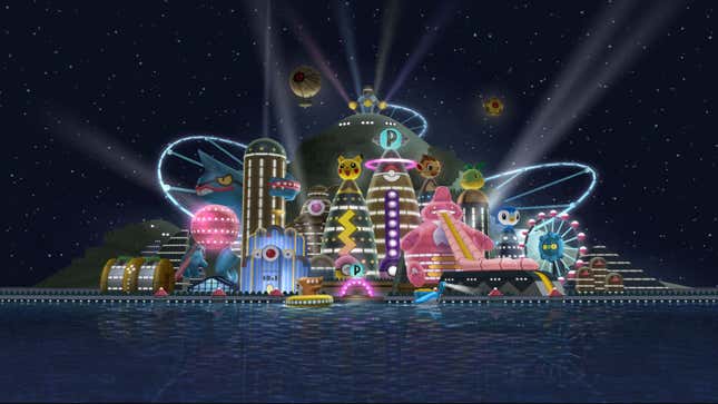 The city of Poketopia is seen from a distance at night time.