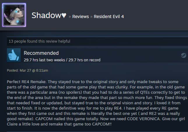 Image for article titled Resident Evil 4 Remake As Told By Steam Reviews