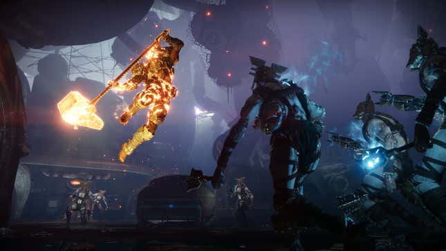 A Titan brings down their Sunbreaker hammer ultimate on some Scorn in Destiny 2's Tangled Shore.