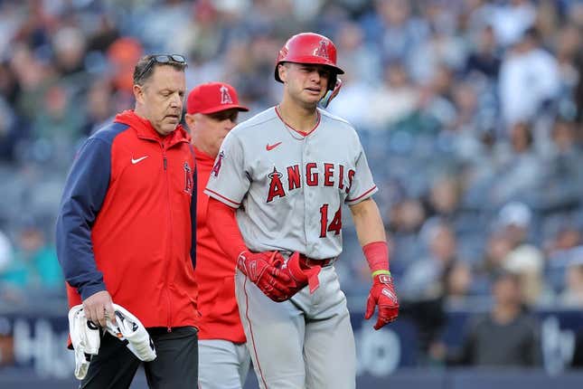 Apr 20, 2023; Bronx, New York, USA; Los Angeles Angels catcher Logan O&#39;Hoppe (14) reacts as he leaves the game after injuring himself on a swing during the ninth inning against the New York Yankees at Yankee Stadium.