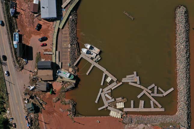 Aerial view of damage to the Stanley Bridge Marina in Prince Edward Island on Sunday, September 25.