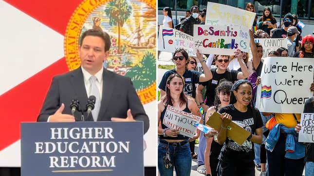 Left: Florida Gov. Ron DeSantis announced plans to reform public universities by banning CRT on Jan. 31, 2023. Right: A group of Florida International University students, staff and community members participate in the 'Fight for Florida Students and Workers' protest against Gov. Ron DeSantis' recent actions to remake higher education at state universities and colleges, on Thursday, Feb. 23, 2023, in Miami.