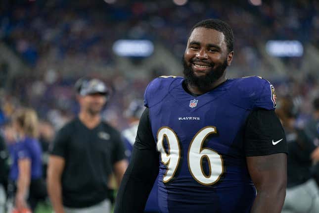 Aug 27, 2022; Baltimore, Maryland, USA;  Baltimore Ravens defensive tackle Broderick Washington (96) looks on during the third quarter against the Washington Commanders at M&amp;amp;T Bank Stadium.
