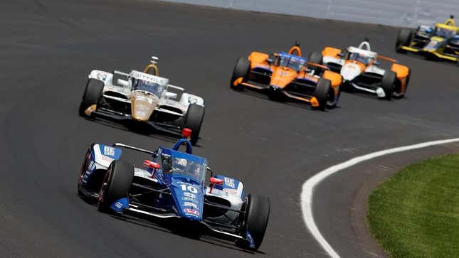 Alex Palou of Chip Ganassi Racing leads the field during Monday practice for the 2023 Indy 500