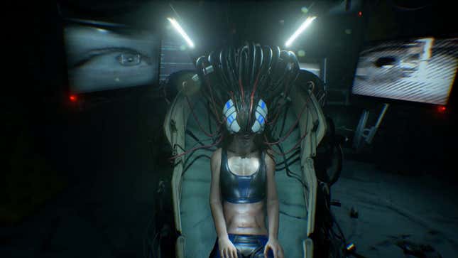 A woman sits in a futuristic chair with a helmet full of wires on her head. 