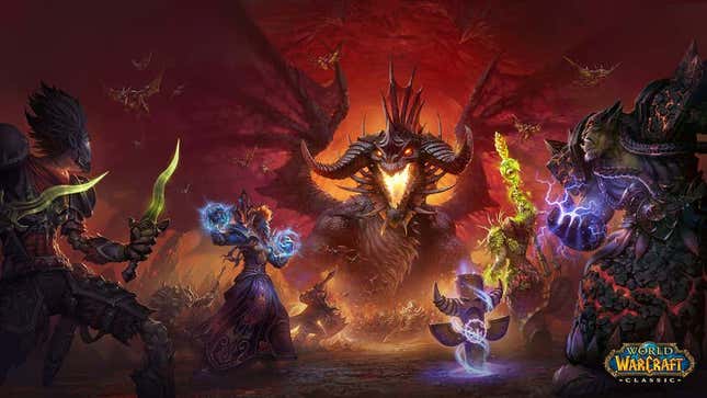 A Blizzard wallpaper for World of Warcraft Classic showing players facing off against a massive dragon.