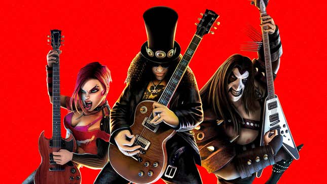 The rock stars of Guitar Hero III play in front of a red background. 