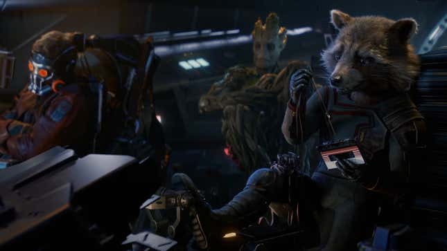 Rocket, Groot, and Star-Lord fly on the Benetar spaceship.