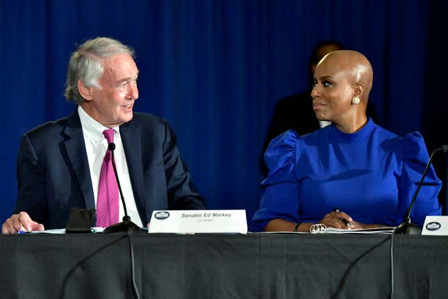 From left, Sen. Ed Markey (D-MA) and Rep Ayanna Pressley (D-MA) speak at a round table of labor leaders and Vice President Kamala (not shown) held by the Annual Greater Boston Labor Council on Monday, Labor Day, Sept. 5, 2022 