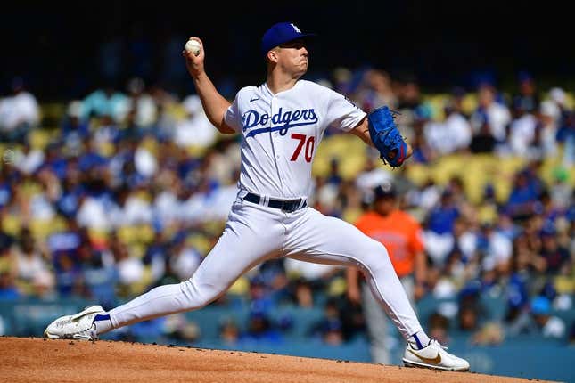 Jun 24, 2023; Los Angeles, California, USA; Los Angeles Dodgers starting pitcher Bobby Miller (70) throws against the Houston Astros during the first inning at Dodger Stadium.