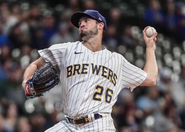 Oct 1, 2022; Milwaukee, Wisconsin, USA; Milwaukee Brewers pitcher Aaron Ashby (26) throws a pitch in the first inning against the Miami Marlins at American Family Field.