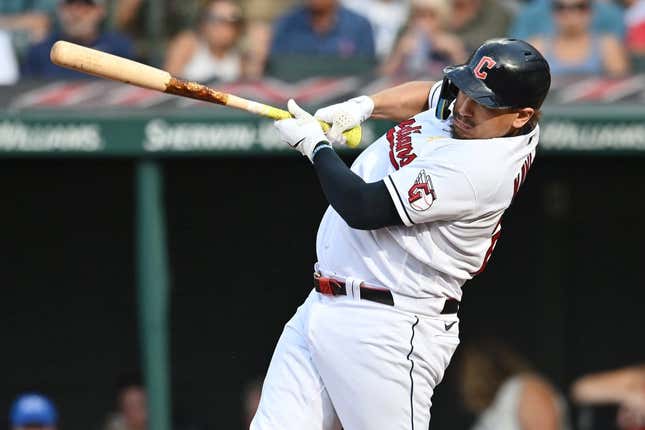 Sep 3, 2023; Cleveland, Ohio, USA; Cleveland Guardians designated hitter Josh Naylor (22) hits an RBI single during the fifth inning against the Tampa Bay Rays at Progressive Field.