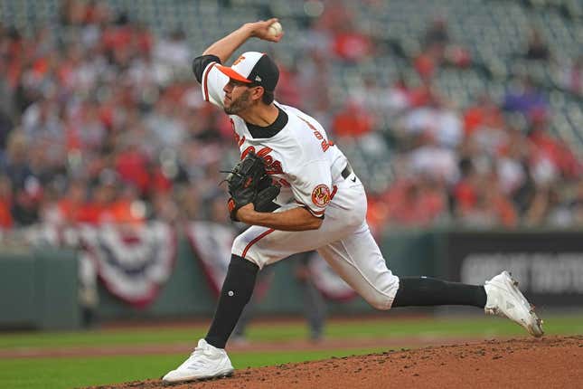 Apr 11, 2023; Baltimore, Maryland, USA; Baltimore Orioles pitcher Grayson Rodriguez (30) delivers in the second inning against the Oakland Athletics at Oriole Park at Camden Yards.