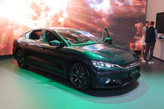 BYD Han sedan on display at the 2022 Paris Motor Show