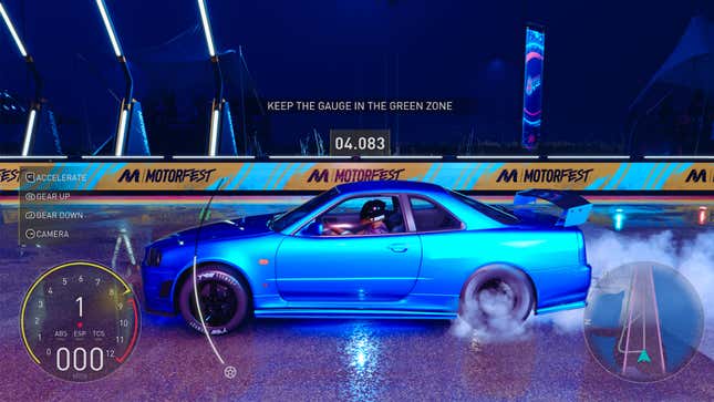 A screenshot shows a blue car burning rubber on a drag strip. 