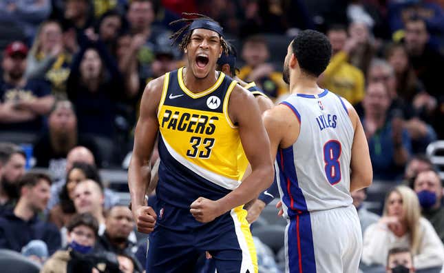 INDIANAPOLIS, INDIANA - DECEMBER 16: Myles Turner #33 of the Indiana Pacers celebrated against the Detroit Pistons at Bainbridge Fieldhouse on December 16, 2021, in Indianapolis, Indiana.