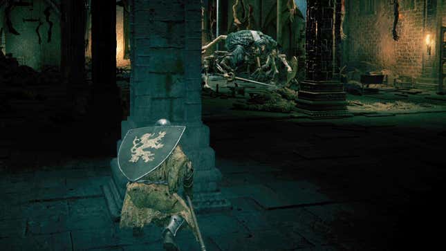 A fantasy warrior hides behind a pillar from a roaming monster.