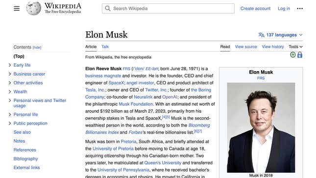 A screenshot of Elon Musk's page on Wikipedia. Musk said he's using Wikipedia when assigning Twitter labels.