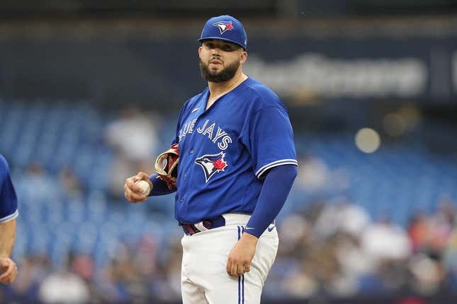 Jun 5, 2023; Toronto, Ontario, CAN; Toronto Blue Jays starting pitcher Alek Manoah (6) reacts before getting pulled from the game during the first inning against the Houston Astros at Rogers Centre.