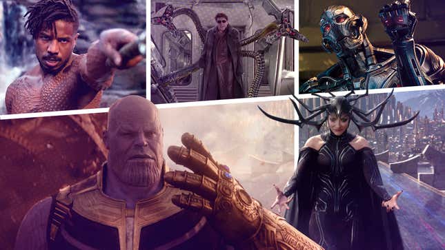 Clockwork from bottom left: Thanos/Avengers: Infinity War (Photo: Marvel Studios); Killmonger/Black Panther (Photo: Marvel Studios); Doctor Octopus/Spider-Man 2 (Photo: Sony Pictures); Ultron/Avengers: Age Of Ultron (Photo: Marvel Studios); Hela/Thor: Ragnarok (Photo: Marvel Studios)