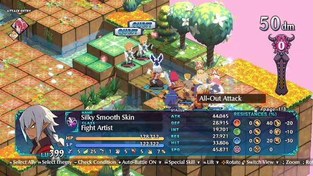 A screenshot of Disgaea 6 where a character prepares an attack while stats fill the screen