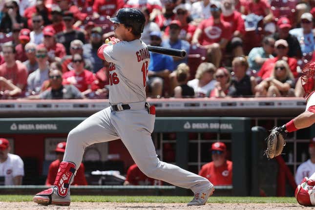 May 25, 2023; Cincinnati, Ohio, USA; St. Louis Cardinals designated hitter Nolan Gorman (16) hits an RBI double against the Cincinnati Reds during the eighth inning at Great American Ball Park.