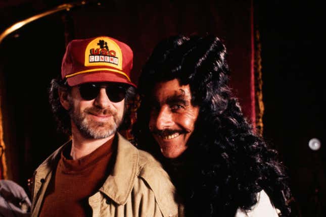 Director Steven Spielberg and actor Dustin Hoffman on the set of Hook. 
