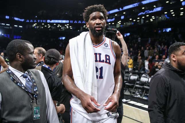 Apr 20, 2023; Brooklyn, New York, USA; Philadelphia 76ers center Joel Embiid (21) walks off the court after defeating the against the Brooklyn Nets 102-97 in game three of the 2023 NBA playoffs at Barclays Center.