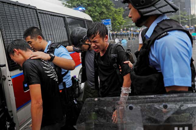 A protester is detained after getting pepper sprayed.