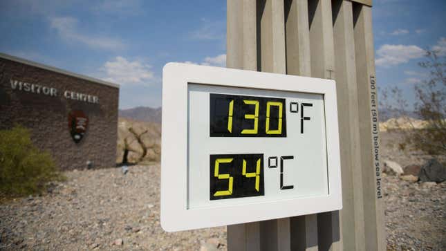 A thermometer in Death Valley showing a temperature of 130 degrees Fahrenheit (54 degrees Celsius).