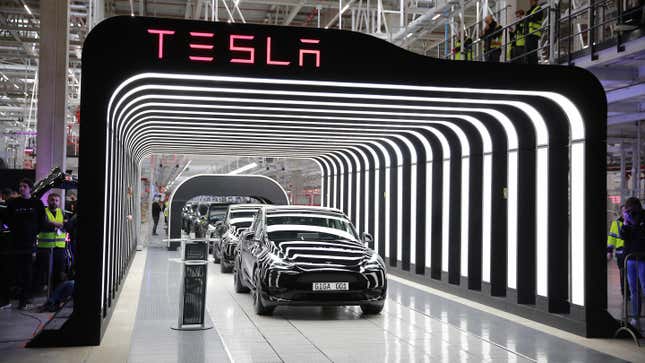 A newly completed Tesla electric cars at the official opening of the new Tesla electric car manufacturing plant on March 22, 2022 near Gruenheide, Germany.