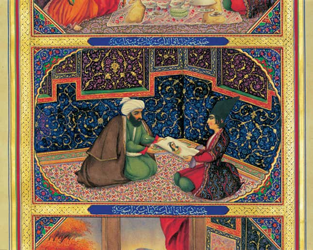 Illustration of Scheherazade and the sultan by the 19th-century Iranian painter Sani ol molk.