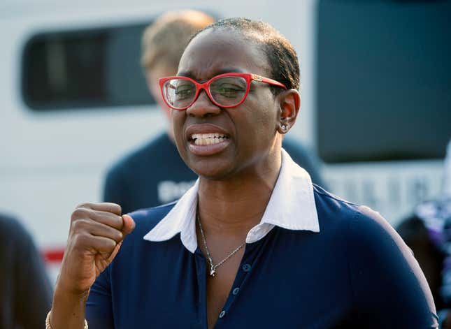 In this July 7, 2021, photo Nina Turner, a candidate running in a special Democratic primary election for Ohio’s 11th Congressional District speaks with supporters near the Cuyahoga County Board of Elections before casting her vote in Cleveland.