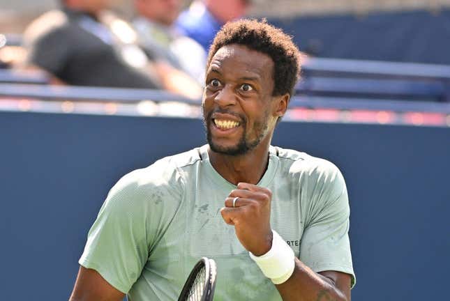 Aug 9, 2023; Toronto, Ontario, Canada;   Gael Monfils (FRA) reacts after winning a point against Stefanos Tsitsipas (GRE) (not pictured) during round 3 play at Sobeys Stadium.