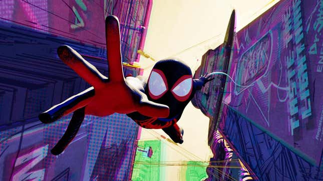 Miles Morales web-slings down the side of a building. 