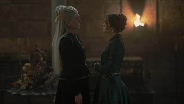 Eve Best and Olivia Cooke as Rhaenys Targaryen and Alicent Hightower on House of the Dragon.