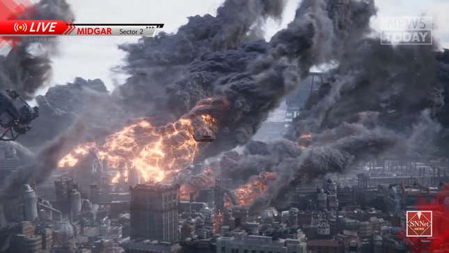 A screenshot shows a destroyed city in flames. 