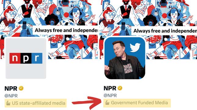 A screenshot of NPR's new "Government Funded Media" label on Twitter. Elon Musk changed the label from "US state-affiliated media."