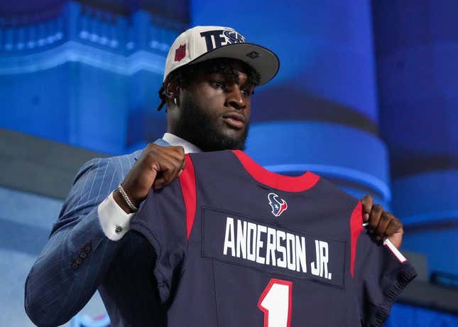 Apr 27, 2023; Kansas City, MO, USA; Alabama linebacker Will Anderson Jr. on stage after being selected by the Houston Texans third overall in the first round of the 2023 NFL Draft at Union Station.