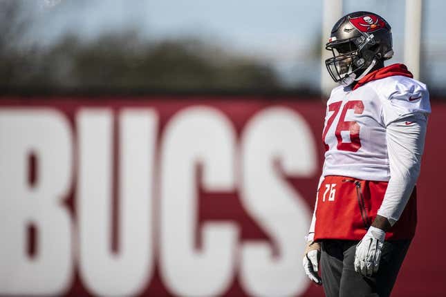 Feb 3, 2021; Tampa, FL, USA; Tampa Bay Buccaneers offensive tackle Donovan Smith during NFL football practice, Wednesday, Feb. 3, 2021 in Tampa, Fla. The Buccaneers will face the Kansas City Chiefs in Super Bowl 55.