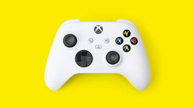A white Xbox controller sits on a yellow background.