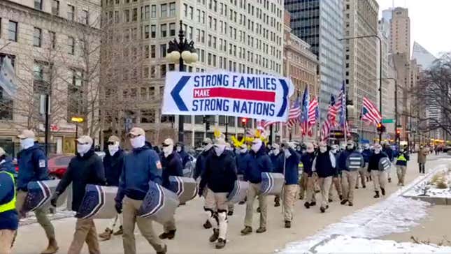 Members of white supremacist group Patriot Front participating in Chicago’s anti-abortion March for Life on January 8, 2022.