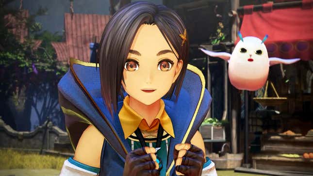 A Tales of Arise character looks at the camera, next to a cute companion.